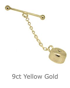 9CT YELLOW GOLD STUD TIE TACK BACK WITH CHAIN AND BAR FITTING.
