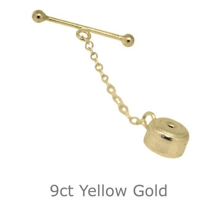9CT YELLOW GOLD STUD TIE TACK BACK WITH CHAIN AND BAR FITTING.
